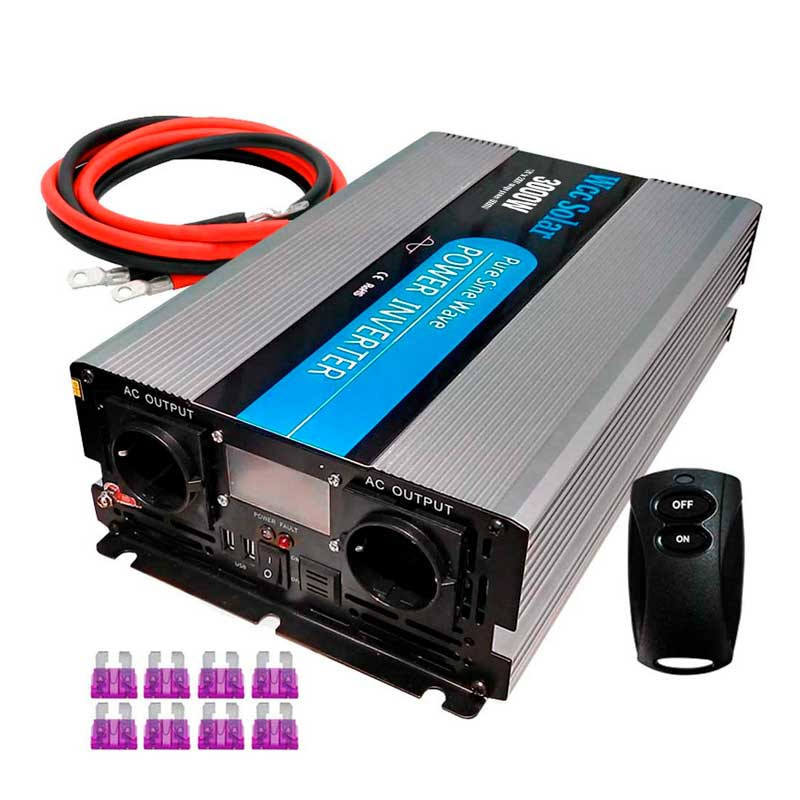 Inversor solar 3000w 12v Onda pura LCD + Mando + Cables de 16mm2 WccSolar