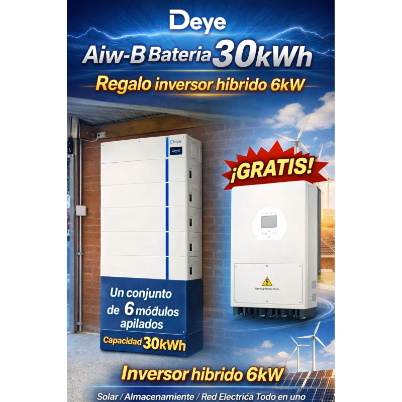 OFERTA 30KW BATERIA AIW Y REGALO INVERSOR 6KW HIBRIDO MONOFASICO DEYE